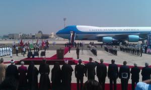 The whole scene at the airport as Obama arrives. Photo from Camilla Schick, Jerusalem Post